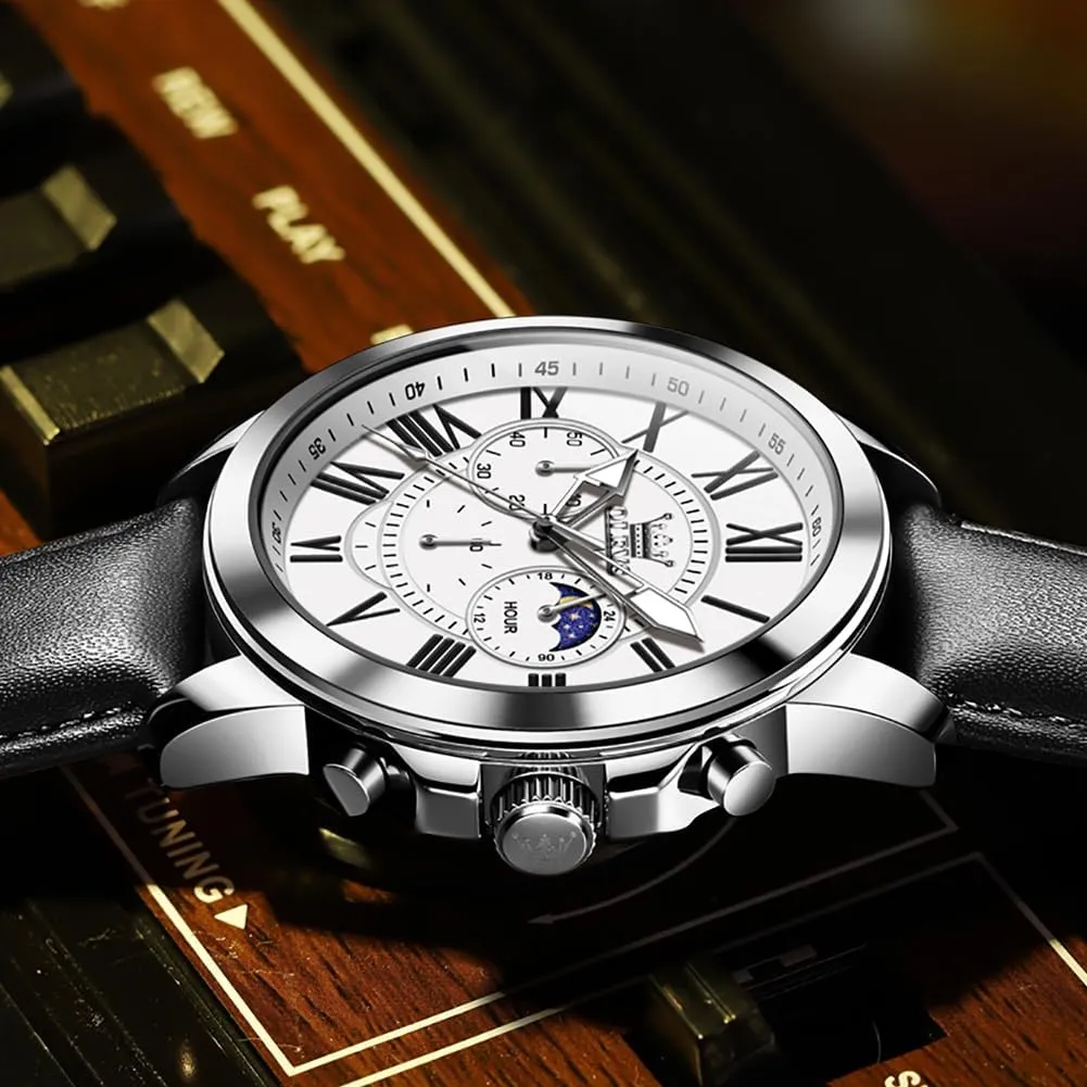 Dress Luxury Luminous Men Watches OLEVS Men's Watches Leather dimensional butter authority smooth vice resolute Strap Analog Quartz Watch, Fashion Big Dial Date Waterproof Watch, 