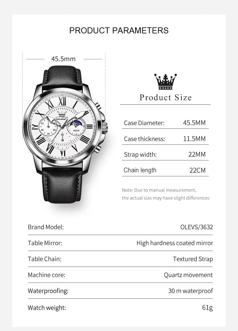 Dress Luxury Luminous Men Watches OLEVS Men's Watches Leather dimensional butter authority smooth vice resolute Strap Analog Quartz Watch, Fashion Big Dial Date Waterproof Watch, 