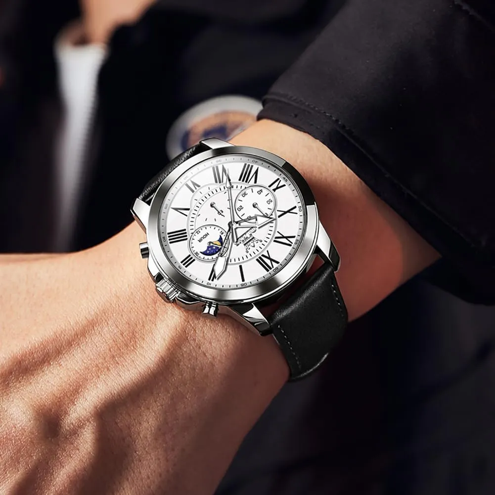 Dress Luxury Luminous Men Watches OLEVS Men's Watches Leather dimensional butter authority smooth vice resolute Strap Analog Quartz Watch, Fashion Big Dial Date Waterproof Watch, 