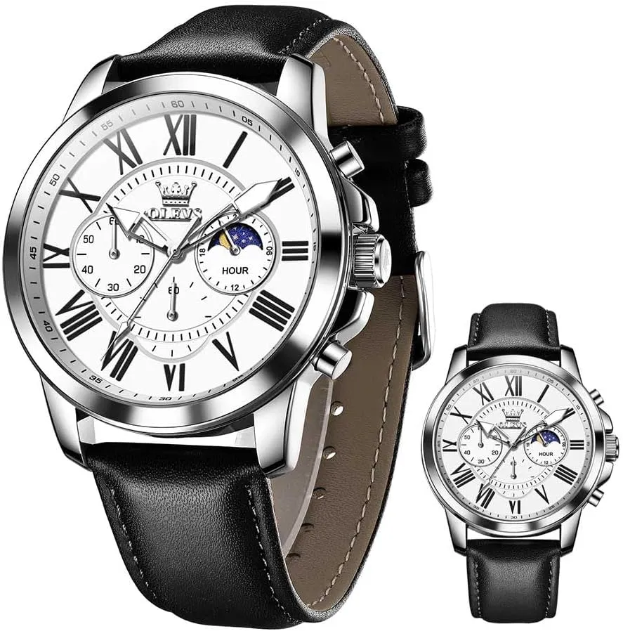 Dress Luxury Luminous Men Watches OLEVS Men's Watches Leather dimensional butter authority smooth vice resolute Strap Analog Quartz Watch, Fashion Big Dial Date Waterproof Watch, 