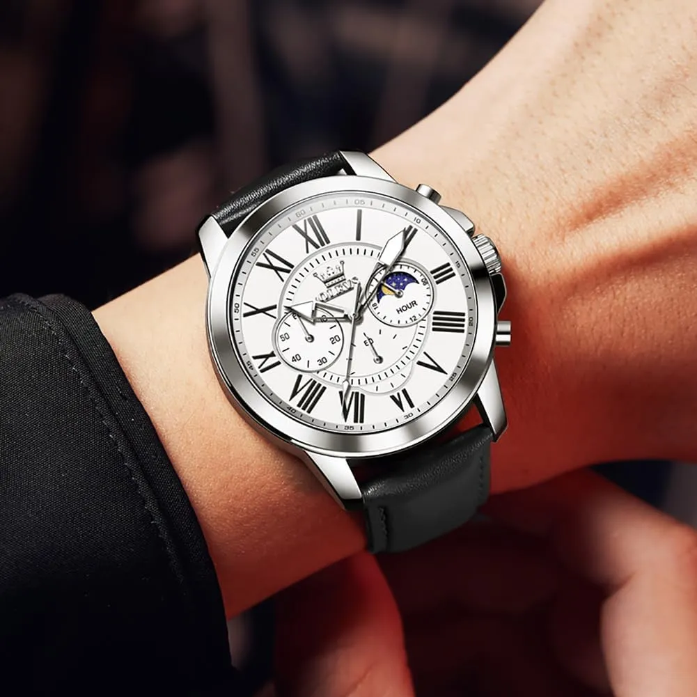 Dress Luxury Luminous Men Watches OLEVS Men's Watches Leather dimensional butter authority smooth vice resolute Strap Analog Quartz Watch, Fashion Big Dial Date Waterproof Watch, 