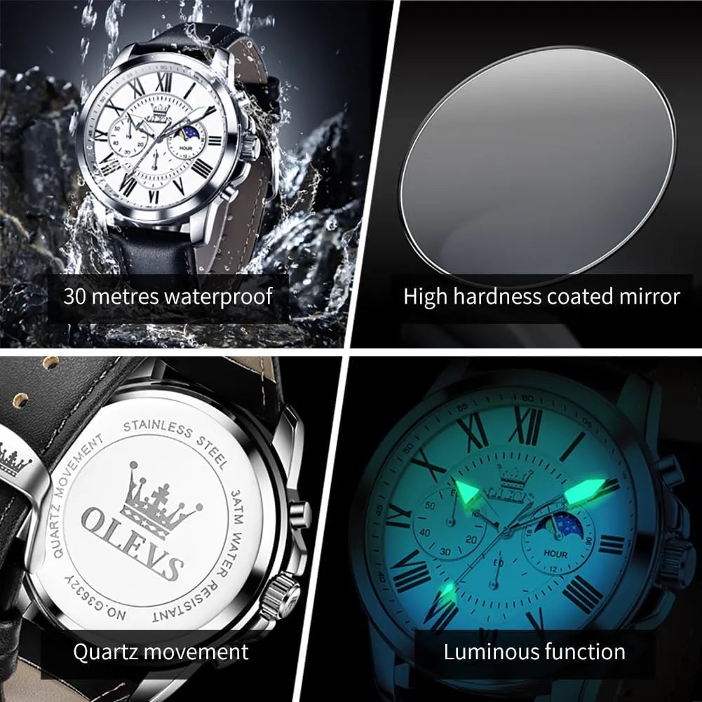 Dress Luxury Luminous Men Watches OLEVS Men's Watches Leather dimensional butter authority smooth vice resolute Strap Analog Quartz Watch, Fashion Big Dial Date Waterproof Watch, 