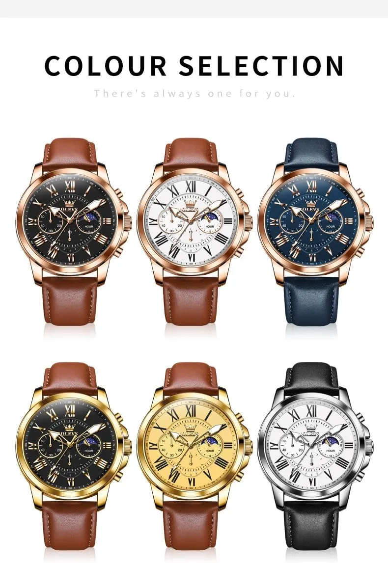 Dress Luxury Luminous Men Watches OLEVS Men's Watches Leather dimensional butter authority smooth vice resolute Strap Analog Quartz Watch, Fashion Big Dial Date Waterproof Watch, 