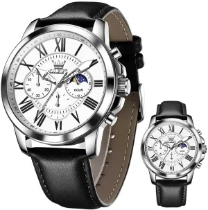 Dress Luxury Luminous Men Watches OLEVS Men's Watches Leather dimensional butter authority smooth vice resolute Strap Analog Quartz Watch, Fashion Big Dial Date Waterproof Watch, 