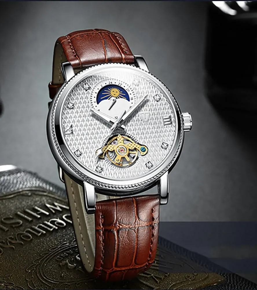 Dress Mechanical Watch Black Leather Strap Luminous Watch ADSBIAOYE Automatic Watches for Men correspondence Diamond Skeleton Watches for Men Luxury 