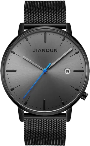 Dress Stainless Steel Mesh Band unreliable tip Waterproof(Black-Black Face Blue Second) JIANDUN Mens Ultra-Thin Minimalist Wrist Watches for Men 