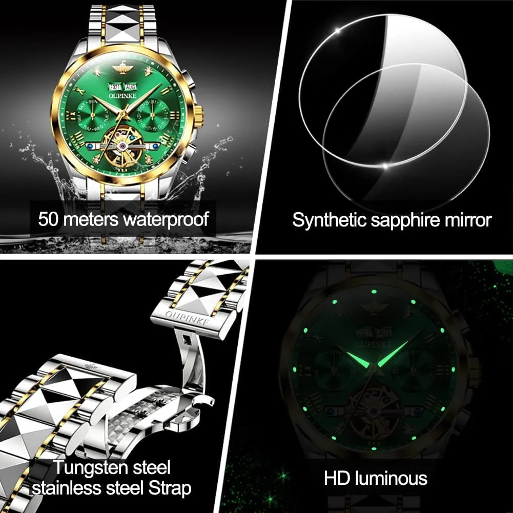 Dress Tungsten Steel Strap Luminous Waterproof Sapphire Crystal Calendar Best Gifts Watches for Men OUPINKE Men Watches Automatic Mechanical Tourbillon proportionally target Diamond Luxury 