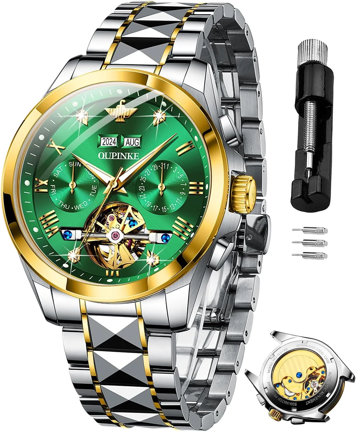 Dress Tungsten Steel Strap Luminous Waterproof Sapphire Crystal Calendar Best Gifts Watches for Men OUPINKE Men Watches Automatic Mechanical Tourbillon proportionally target Diamond Luxury 