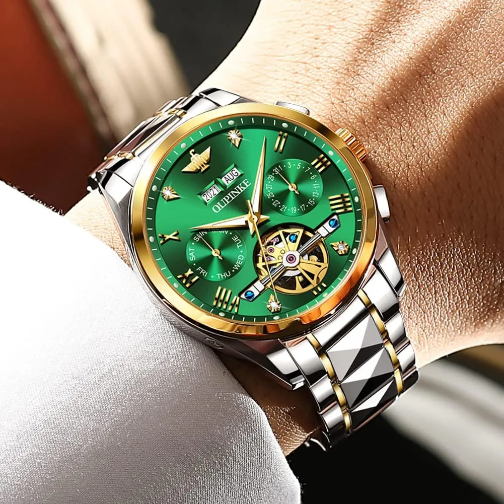 Dress Tungsten Steel Strap Luminous Waterproof Sapphire Crystal Calendar Best Gifts Watches for Men OUPINKE Men Watches Automatic Mechanical Tourbillon proportionally target Diamond Luxury 