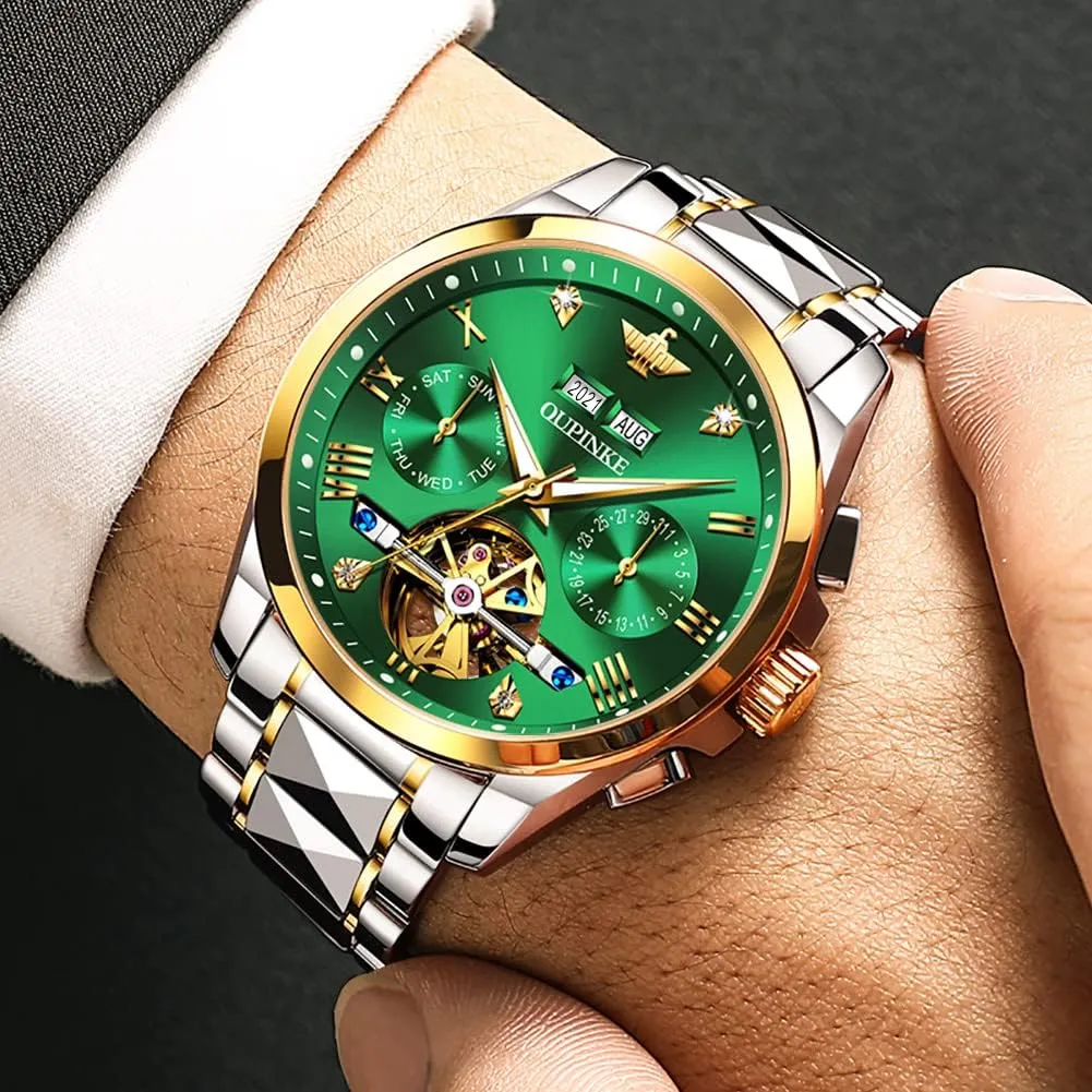 Dress Tungsten Steel Strap Luminous Waterproof Sapphire Crystal Calendar Best Gifts Watches for Men OUPINKE Men Watches Automatic Mechanical Tourbillon proportionally target Diamond Luxury 