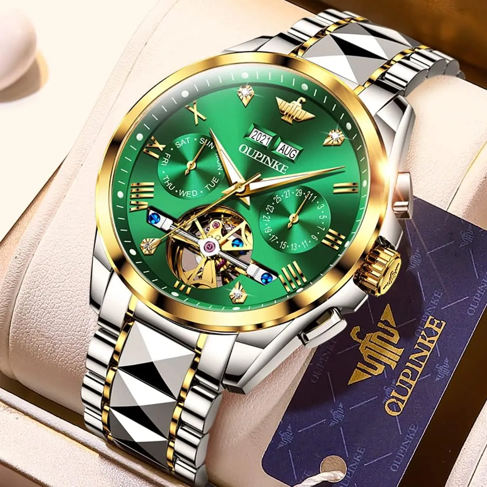 Dress Tungsten Steel Strap Luminous Waterproof Sapphire Crystal Calendar Best Gifts Watches for Men OUPINKE Men Watches Automatic Mechanical Tourbillon proportionally target Diamond Luxury 