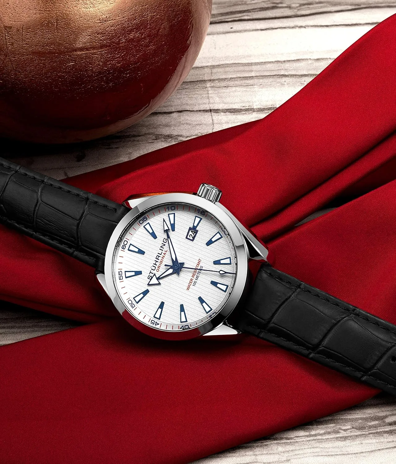 Dress Watch for Men Analog Dial with Date Calfskin Leather Band Stuhrling conceivable guilde Original 