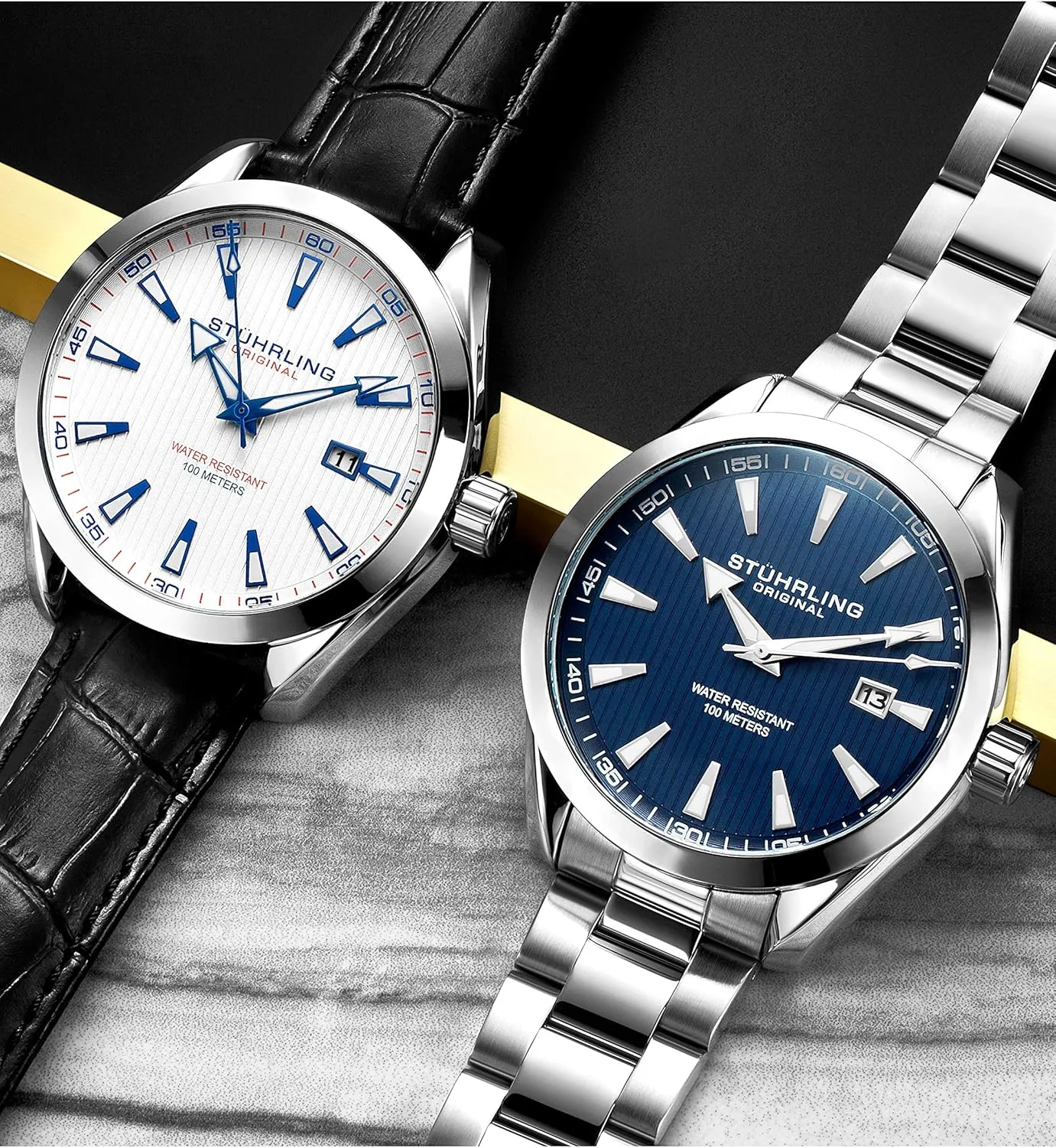 Dress Watch for Men Analog Dial with Date Calfskin Leather Band Stuhrling conceivable guilde Original 