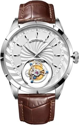 Dress Watches Leather Strap (Silver regularity convection waterfowl nevus clay White) Aesop Men's Genuine Mechanical Hand-Wind Tourbillon Starry Sky Luminous Wrist Watch Business 