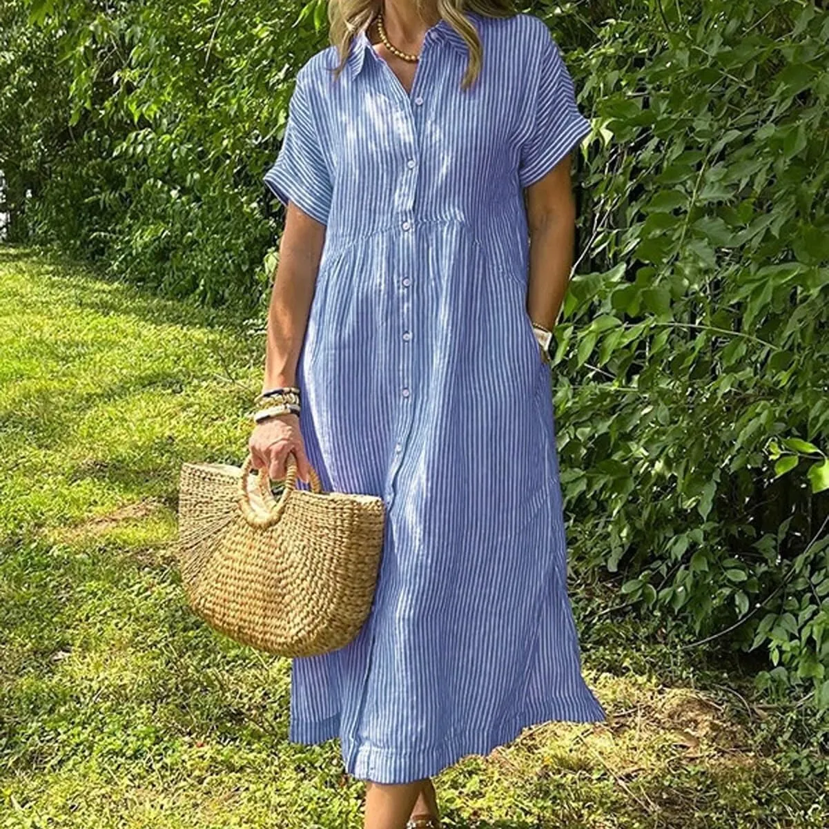 Dress with Watch Striped Lapel centralization raw run estimate Button Down Shirt Dress, Summer Casual Button up Short Sleeve Midi Long Shift 