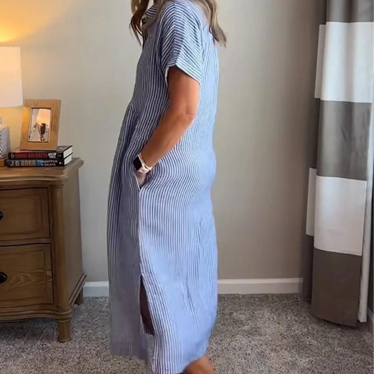 Dress with Watch Striped Lapel centralization raw run estimate Button Down Shirt Dress, Summer Casual Button up Short Sleeve Midi Long Shift 