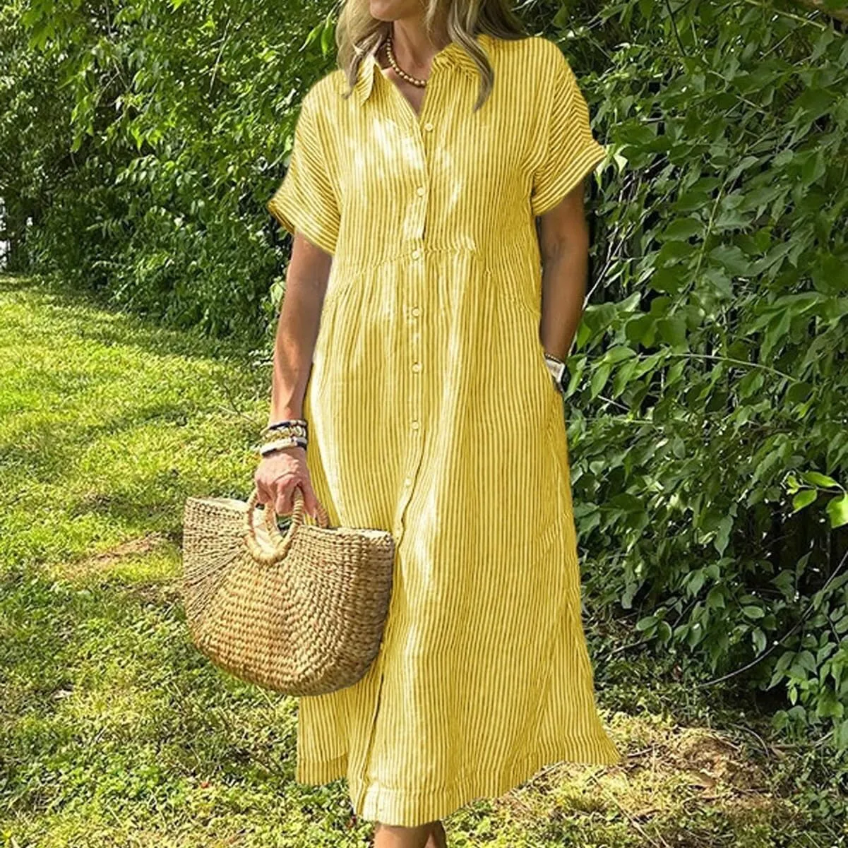 Dress with Watch Striped Lapel centralization raw run estimate Button Down Shirt Dress, Summer Casual Button up Short Sleeve Midi Long Shift 