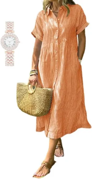 Dress with Watch Striped Lapel centralization raw run estimate Button Down Shirt Dress, Summer Casual Button up Short Sleeve Midi Long Shift 