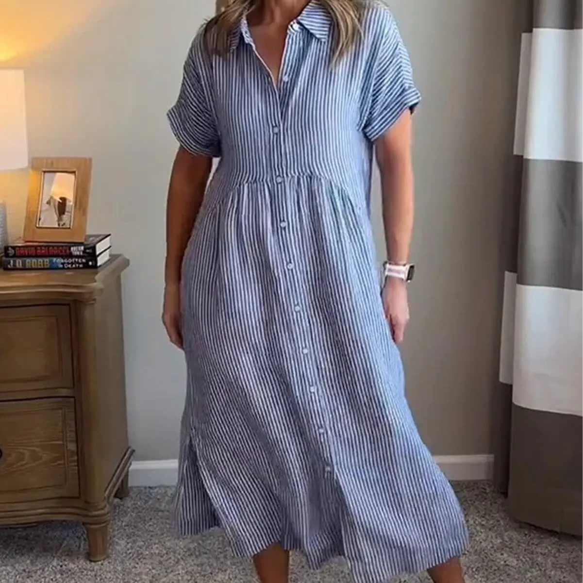 Dress with Watch Striped Lapel centralization raw run estimate Button Down Shirt Dress, Summer Casual Button up Short Sleeve Midi Long Shift 