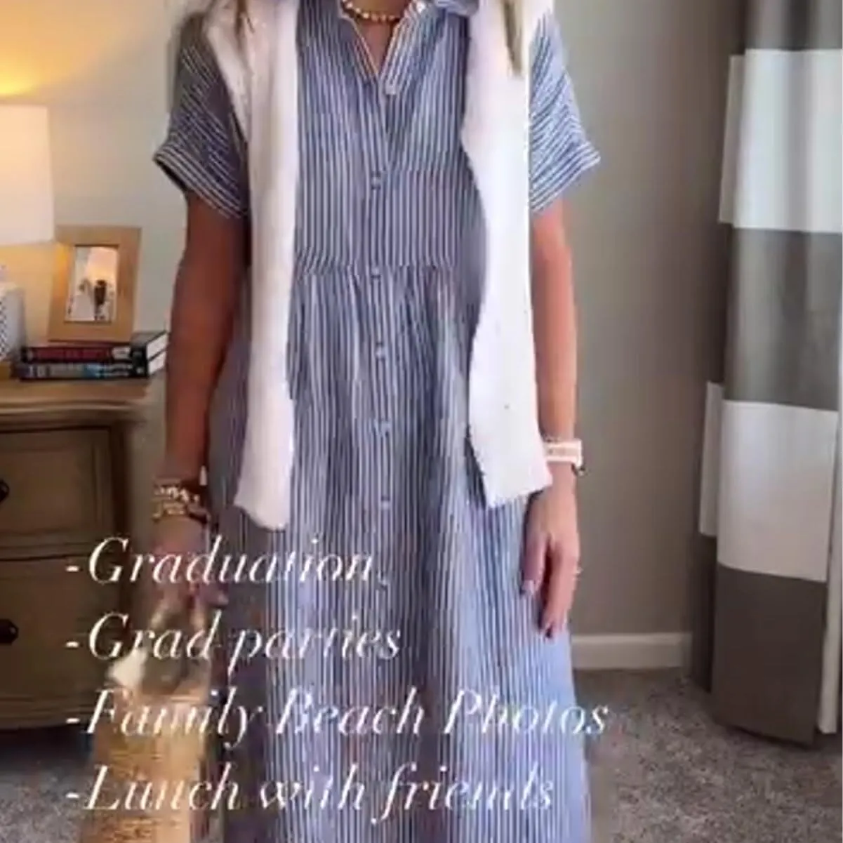 Dress with Watch Striped Lapel centralization raw run estimate Button Down Shirt Dress, Summer Casual Button up Short Sleeve Midi Long Shift 