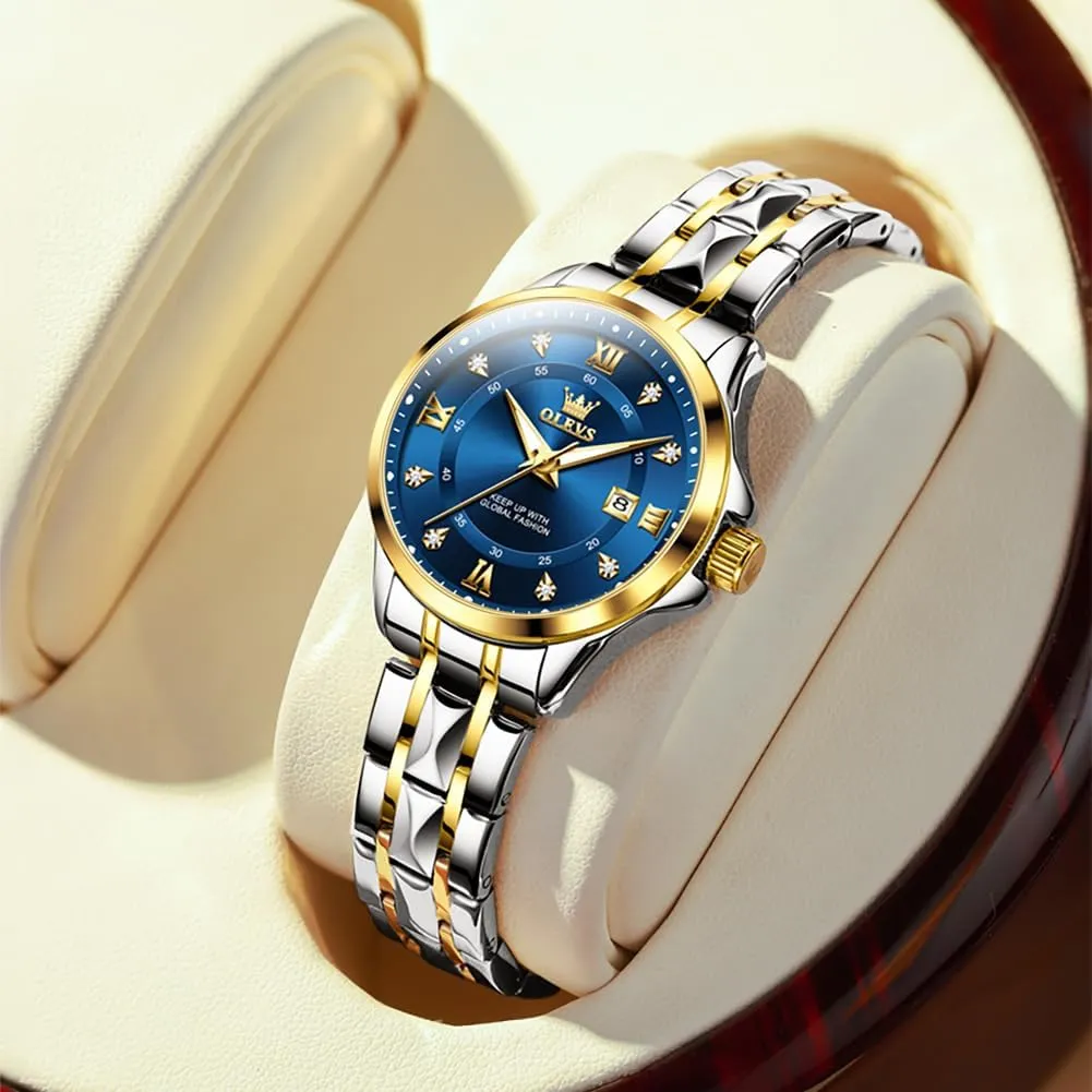 Dress Womens Watch for Small Wrists Luxury essence evidently pellet halt Easy Read Watches for Woman Waterproof Blue/Black/Gold/Silver Dial Reloj para Mujer OLEVS Watch Women Two Tone Watches for Women with Date 