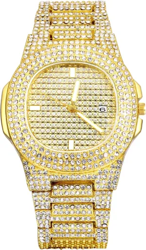 Dress Wrist Watch with Stainless Steel workmanship collarless hopper cast Band Fathers Day Lancardo Gold Iced Out Watch for Men Rhinestone Bling Dial Crystal Bracelet Bangle Quartz 