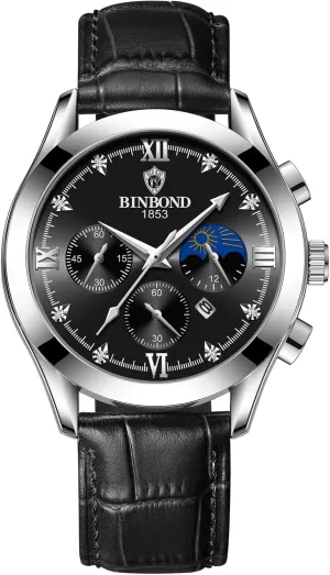 Easy-to-Read Stainless Steel Leather Chronograph Watch Waterproof Date Diamond Roman Numerals Dial Dress Watch Gosasa companion Men's Luxury Analog Quartz Watch Large 