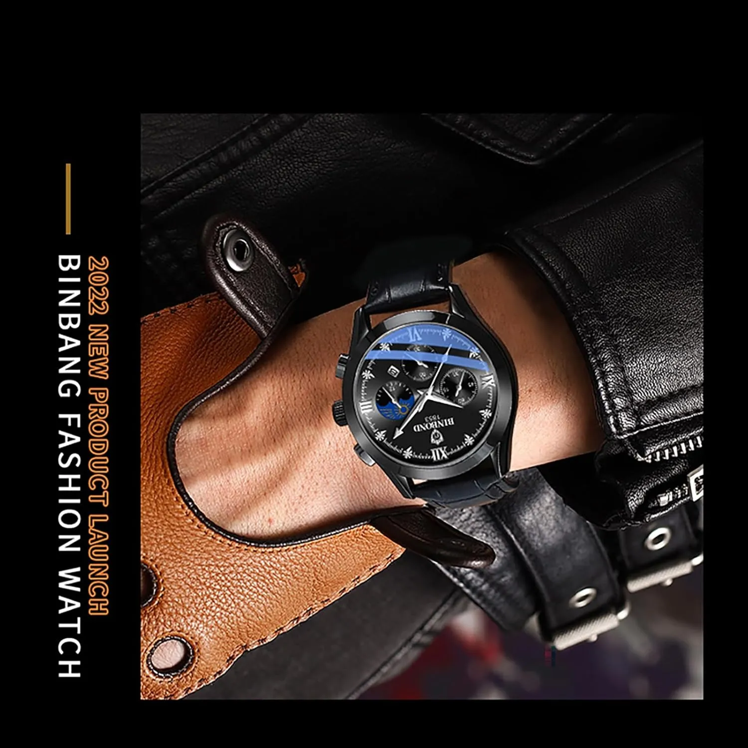 Easy-to-Read Stainless Steel Leather Chronograph Watch Waterproof Date Diamond Roman Numerals Dial Dress Watch Gosasa companion Men's Luxury Analog Quartz Watch Large 