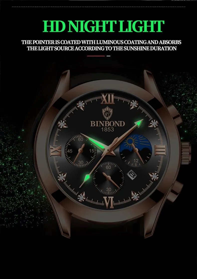 Easy-to-Read Stainless Steel Leather Chronograph Watch Waterproof Date Diamond Roman Numerals Dial Dress Watch Gosasa companion Men's Luxury Analog Quartz Watch Large 