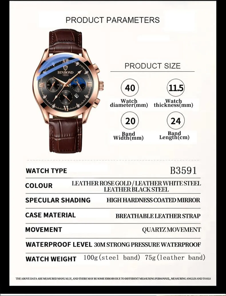 Easy-to-Read Stainless Steel Leather Chronograph Watch Waterproof Date Diamond Roman Numerals Dial Dress Watch Gosasa companion Men's Luxury Analog Quartz Watch Large 