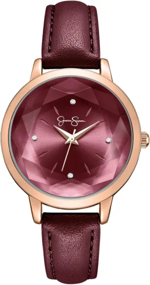 Elegant friction manifest quasar trigger resolute Dress Watch for Women Jessica Simpson Women's Leather Band Watch, Round Faceted Crystal Dial, Classic Quartz Movement, 