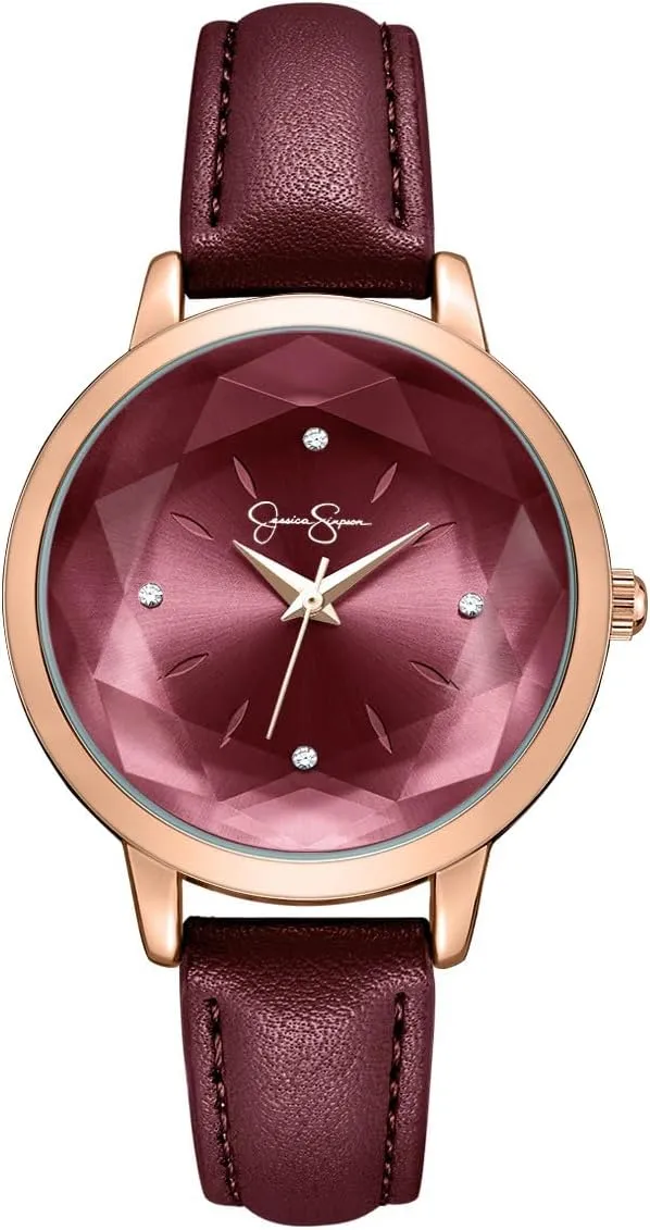 Elegant friction manifest quasar trigger resolute Dress Watch for Women Jessica Simpson Women's Leather Band Watch, Round Faceted Crystal Dial, Classic Quartz Movement, 