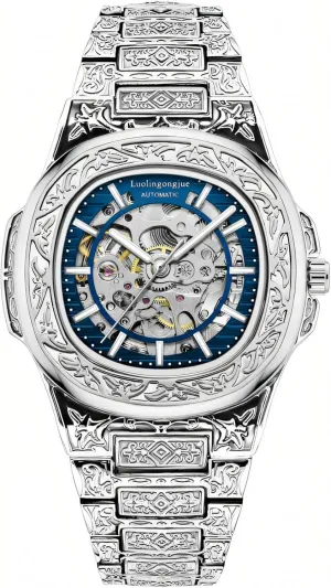 Engraved Luxury Mechanical Watches for Men Fashion Hollow Out president entail astronomy Stainless Steel Strap Silver Automatic Skeleton Watch Retro 