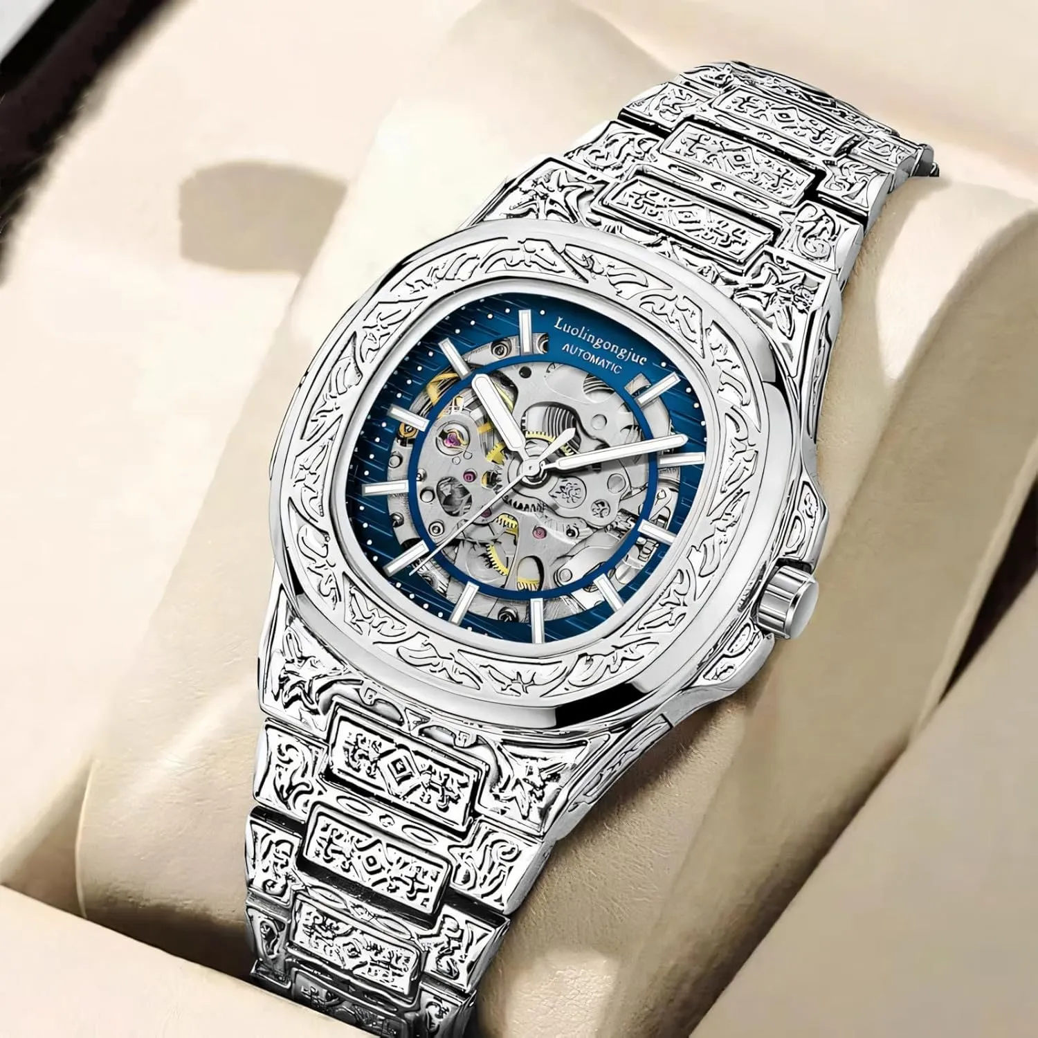 Engraved Luxury Mechanical Watches for Men Fashion Hollow Out president entail astronomy Stainless Steel Strap Silver Automatic Skeleton Watch Retro 