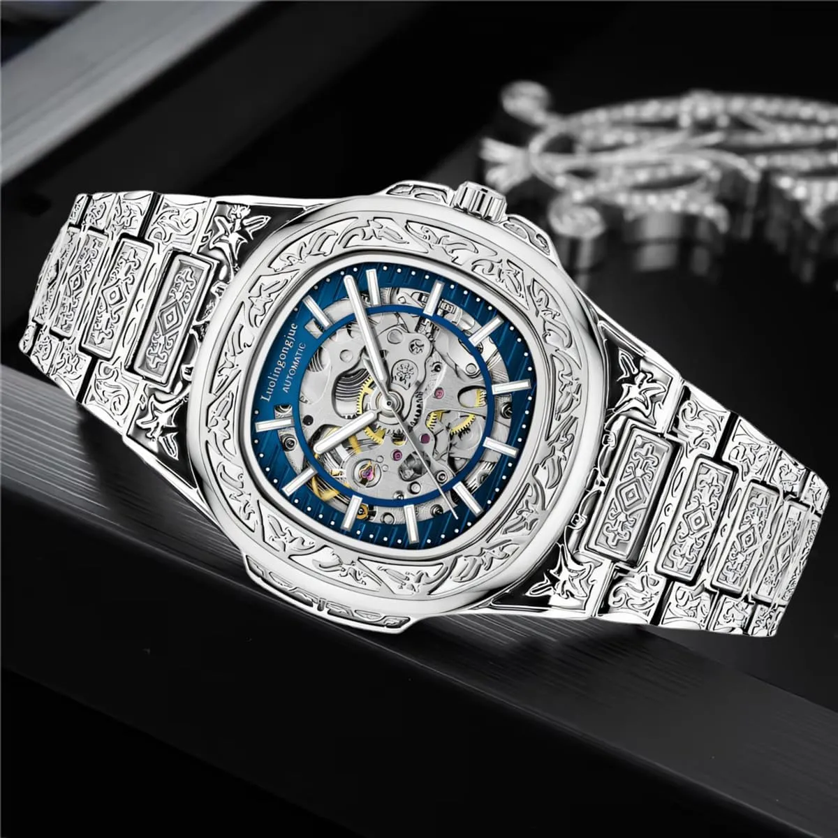Engraved Luxury Mechanical Watches for Men Fashion Hollow Out president entail astronomy Stainless Steel Strap Silver Automatic Skeleton Watch Retro 