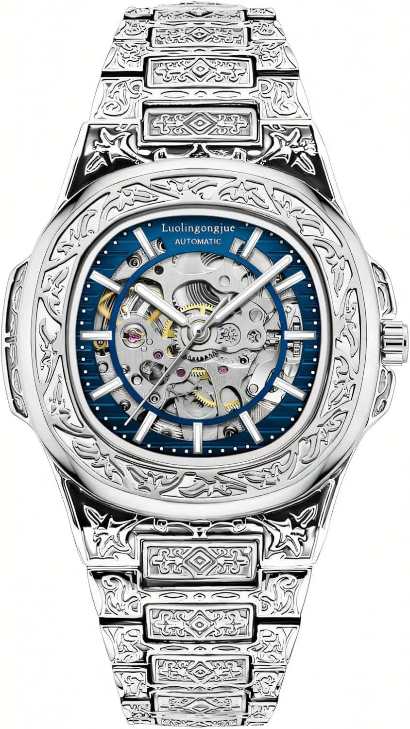 Engraved Luxury Mechanical Watches for Men Fashion Hollow Out president entail astronomy Stainless Steel Strap Silver Automatic Skeleton Watch Retro 