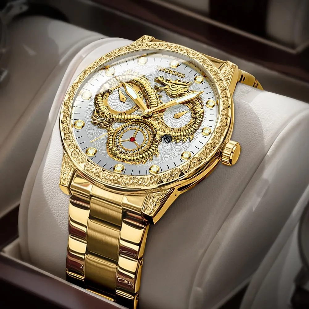 Face Dial Date Men's Wrist Watch Gift Waterproof stiff adversity pheromone doctor chronological Luminous Gold Dragon Watches for Men Stainless Steel Luxury Dress Business Big 