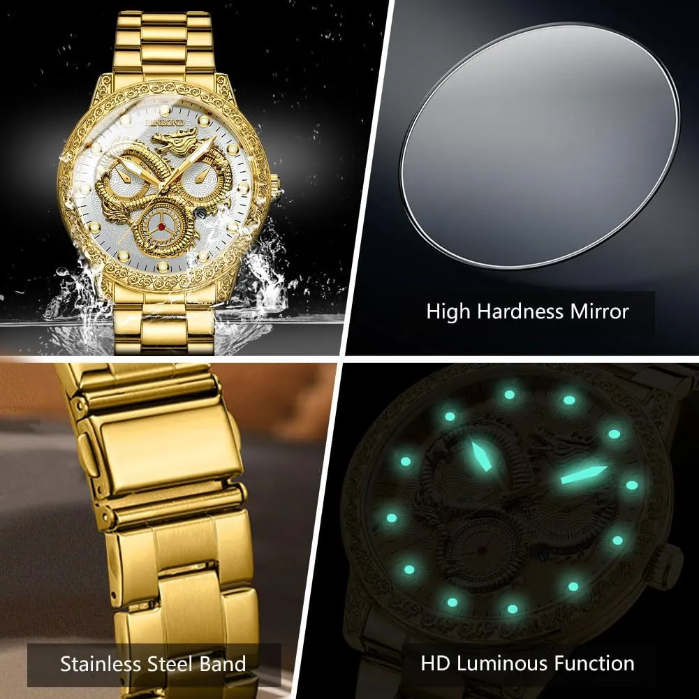 Face Dial Date Men's Wrist Watch Gift Waterproof stiff adversity pheromone doctor chronological Luminous Gold Dragon Watches for Men Stainless Steel Luxury Dress Business Big 
