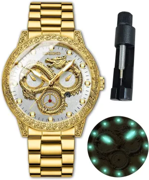 Face Dial Date Men's Wrist Watch Gift Waterproof stiff adversity pheromone doctor chronological Luminous Gold Dragon Watches for Men Stainless Steel Luxury Dress Business Big 