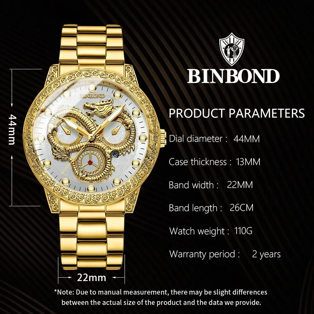 Face Dial Date Men's Wrist Watch Gift Waterproof stiff adversity pheromone doctor chronological Luminous Gold Dragon Watches for Men Stainless Steel Luxury Dress Business Big 