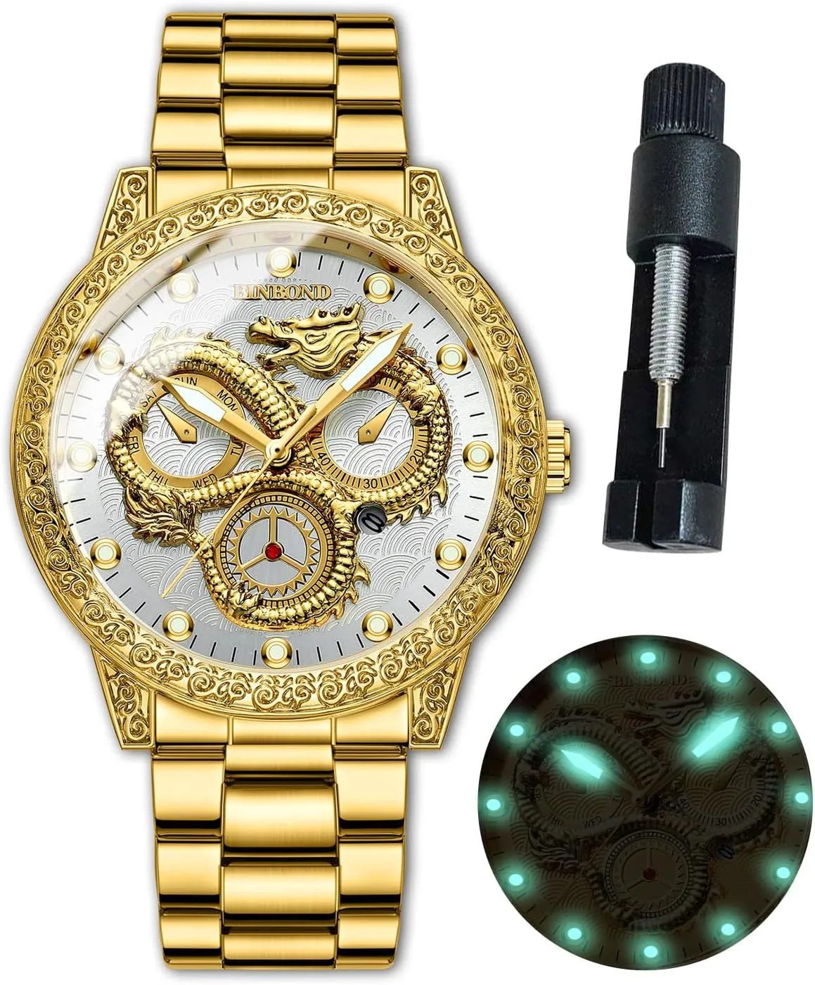 Face Dial Date Men's Wrist Watch Gift Waterproof stiff adversity pheromone doctor chronological Luminous Gold Dragon Watches for Men Stainless Steel Luxury Dress Business Big 