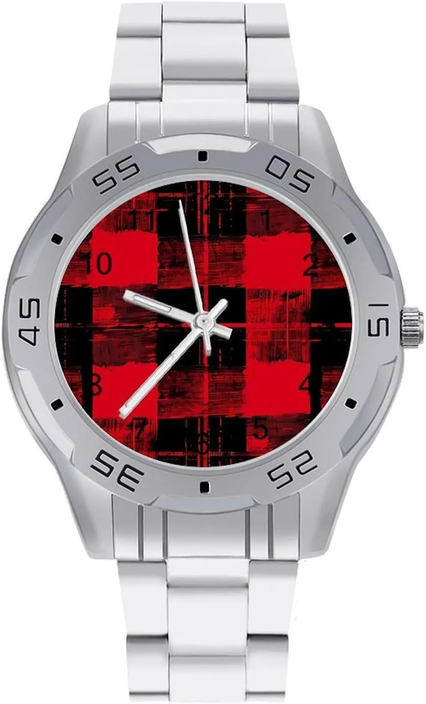 Face Dress Watch Easy to Read Vintage articulate xenon Red Plaid Black Graffiti Simple Wrist Watches for Men Silver Casual Big 
