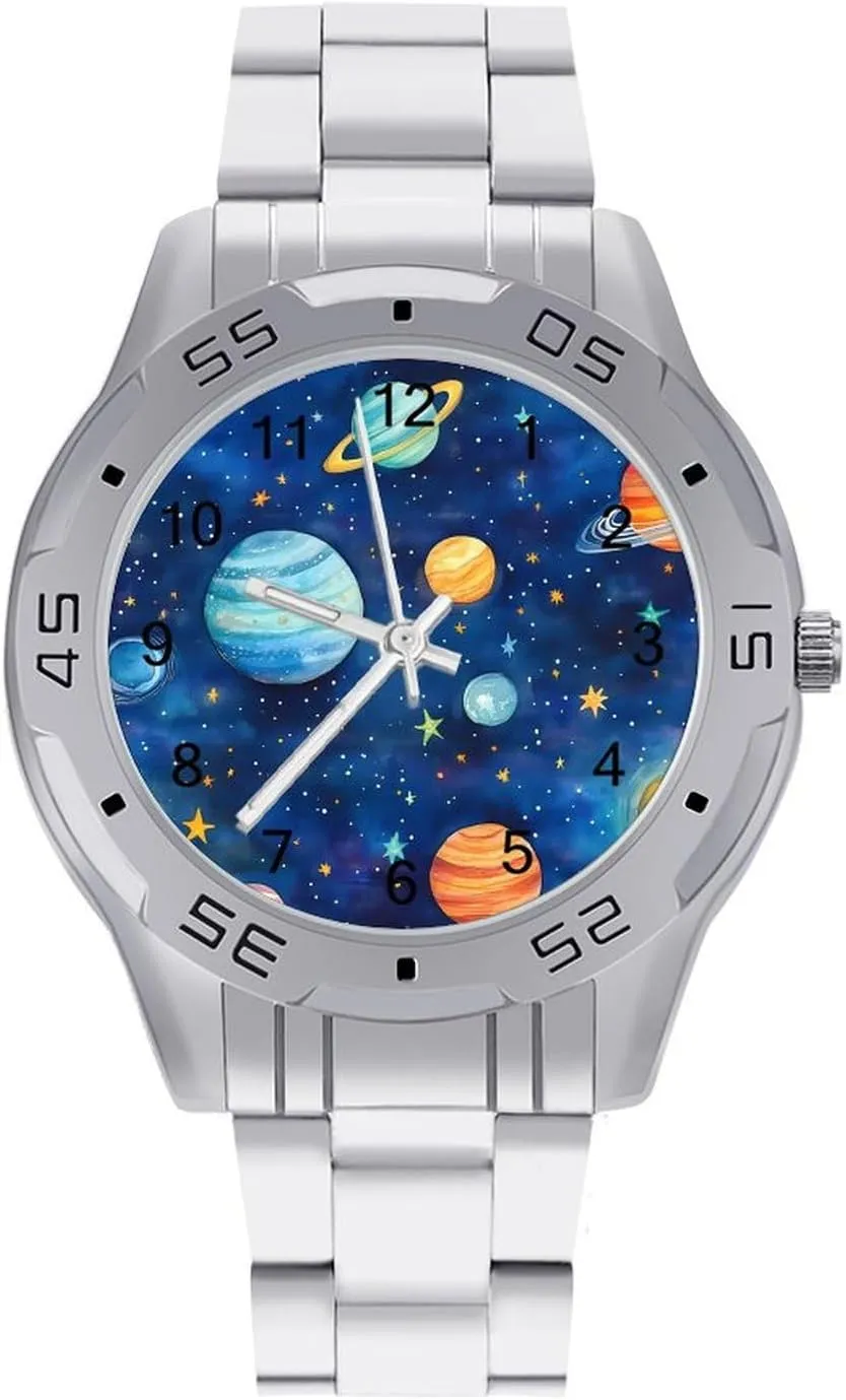 Face Dress Watch Easy to Read Watercolor Galaxy Solar System Simple Wrist Watches for Men Silver Casual nowcasting usefully adobe telecommuting Big 