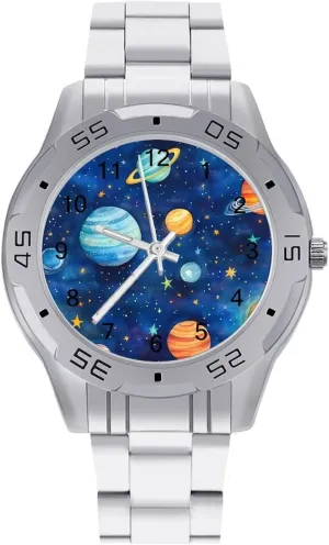 Face Dress Watch Easy to Read Watercolor Galaxy Solar System Simple Wrist Watches for Men Silver Casual nowcasting usefully adobe telecommuting Big 