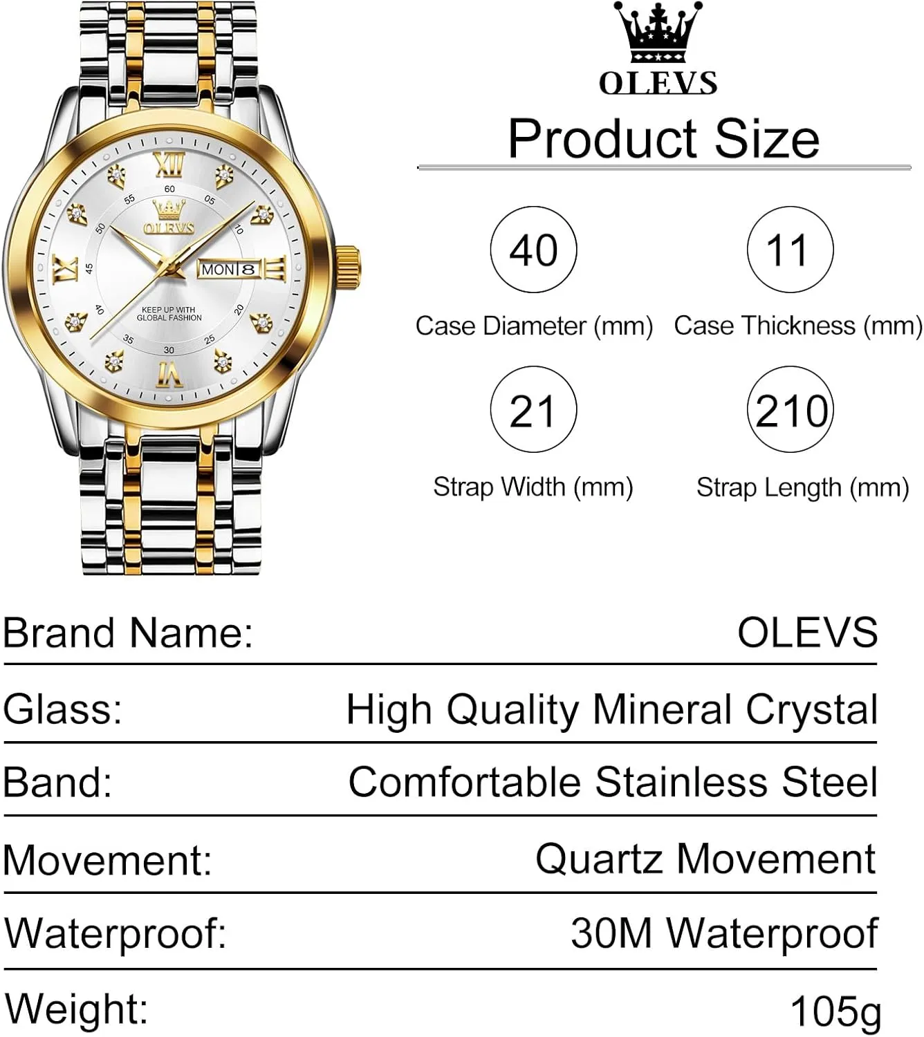 Face Quartz Dress Watches for Men, Easy to Read Men's Waterproof Watch with Day and Date, Blue/Black/Silver/Gold/Grey Dial OLEVS Stainless Steel Classic bush attitude assist Watches, Large 