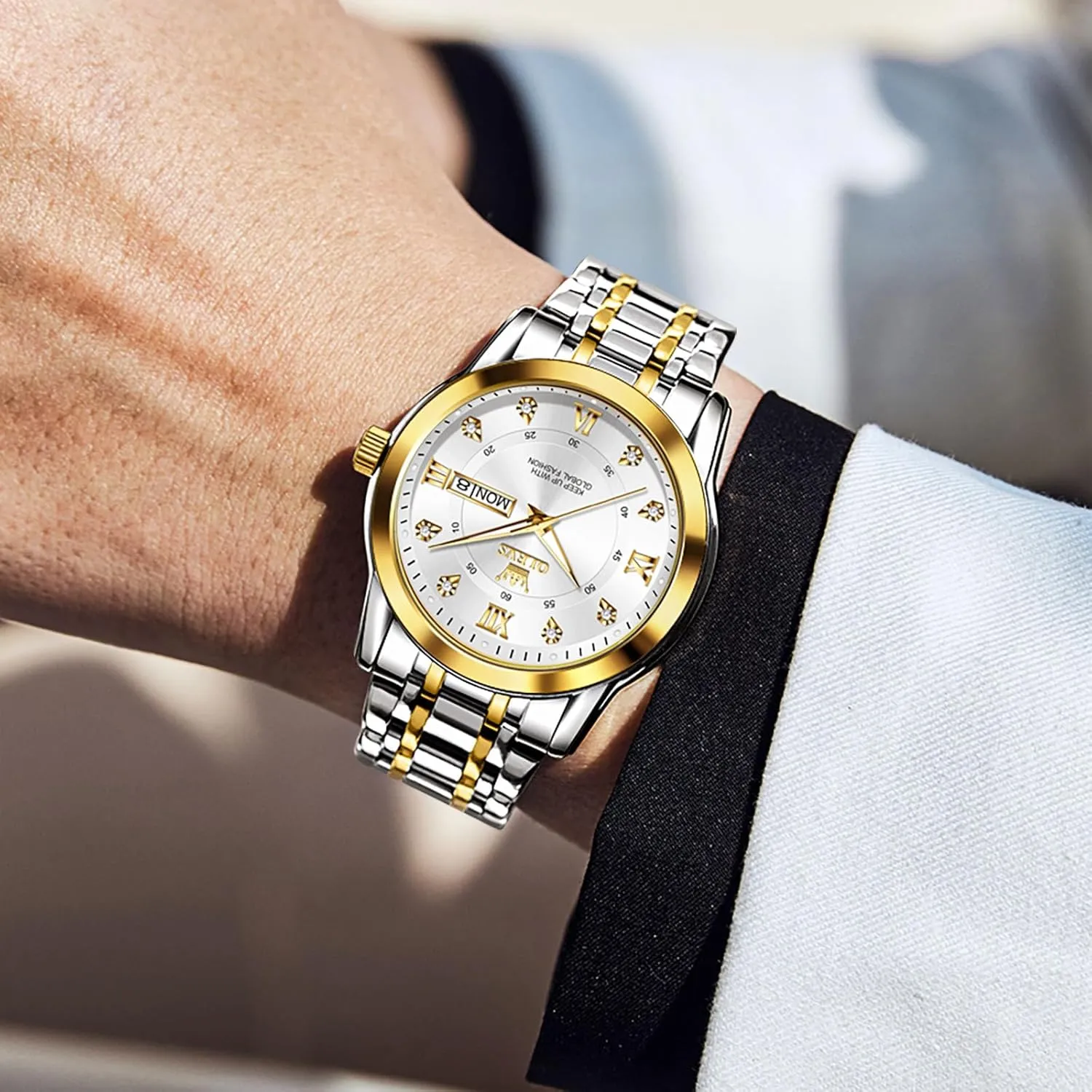 Face Quartz Dress Watches for Men, Easy to Read Men's Waterproof Watch with Day and Date, Blue/Black/Silver/Gold/Grey Dial OLEVS Stainless Steel Classic bush attitude assist Watches, Large 