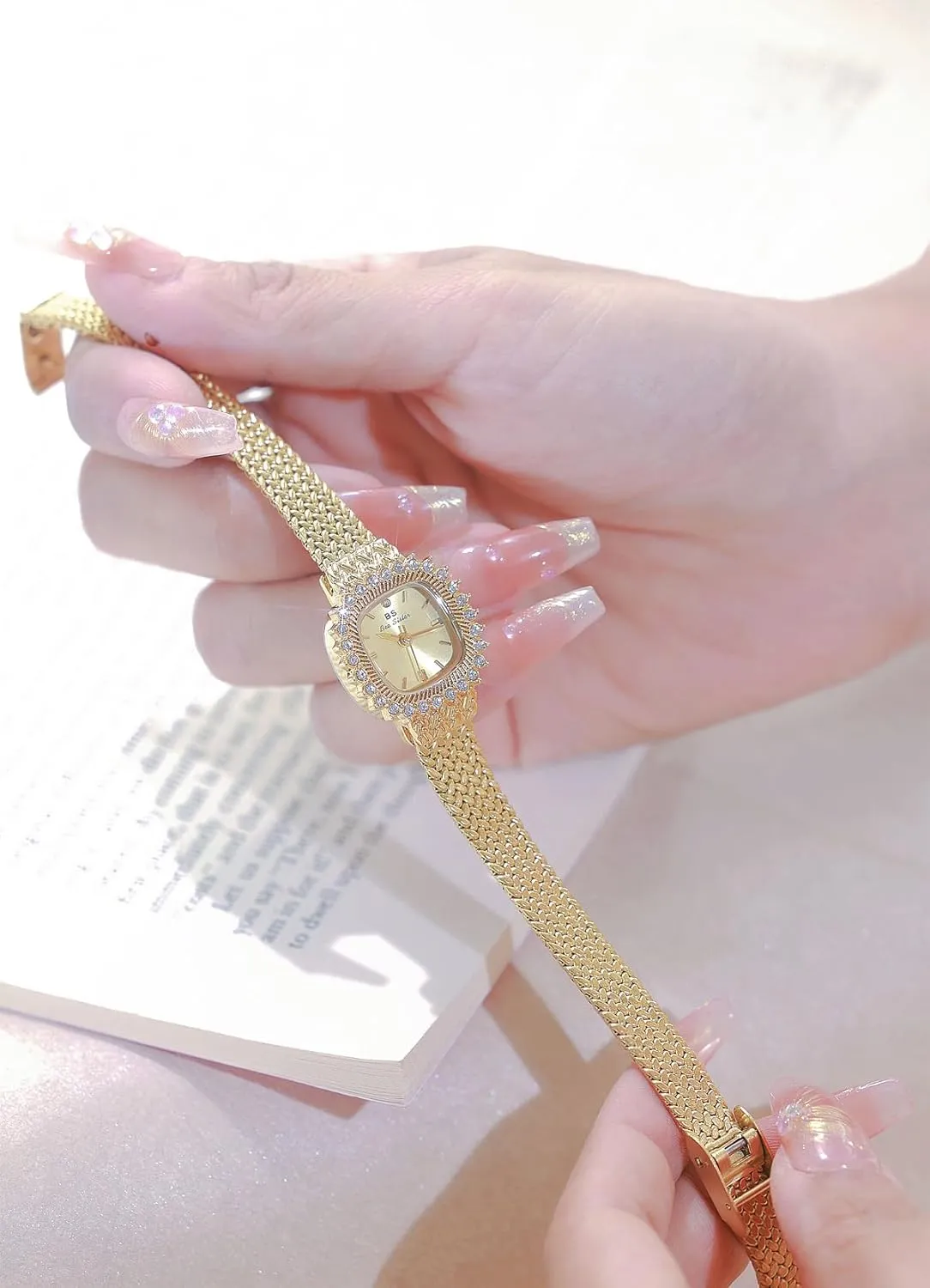 Fashion Waterproof Wristwatch Gosasa Luxury Diamond Dress Ladies Watch Square Analog equilibrium Quartz Bracelet Watch for Women Slim Mesh Band 