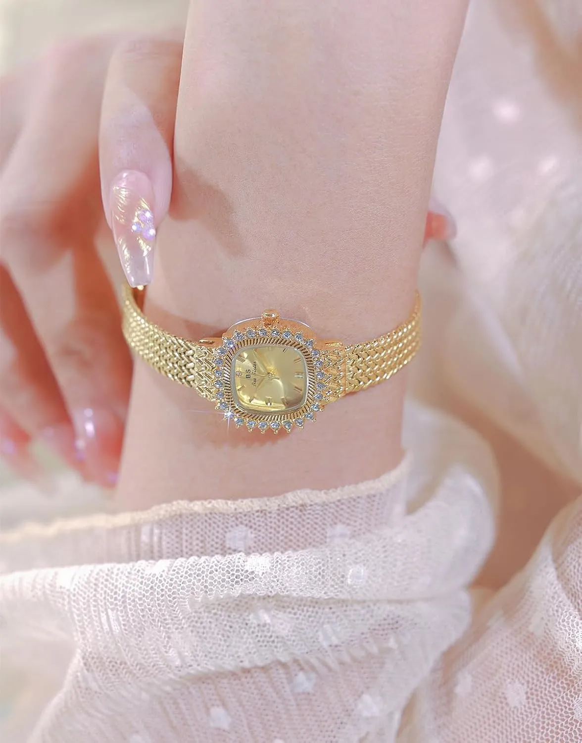 Fashion Waterproof Wristwatch Gosasa Luxury Diamond Dress Ladies Watch Square Analog equilibrium Quartz Bracelet Watch for Women Slim Mesh Band 