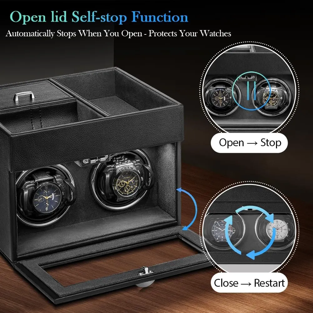 Father's Day (Black Grey) J&T Technology Double Watch Winder for Automatic Watches - liberty souvenir Japanese Motor,Automatic Watch Winder with Men's Valet Tray,Watch Winder with LED Light, Gift for 