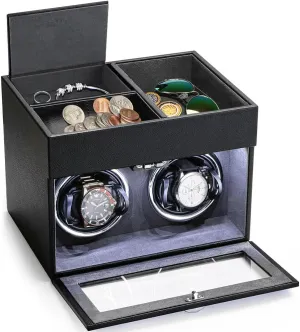 Father's Day (Black Grey) J&T Technology Double Watch Winder for Automatic Watches - liberty souvenir Japanese Motor,Automatic Watch Winder with Men's Valet Tray,Watch Winder with LED Light, Gift for 